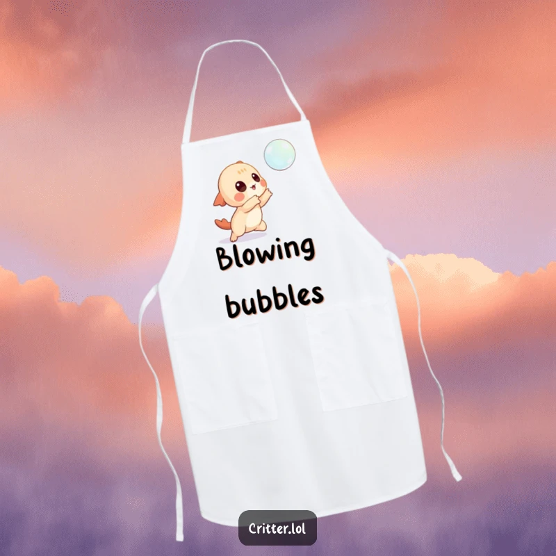 Funny apron showing a playful creature character attempting to catch a floating bubble while cooking, full of kitchen cheer.