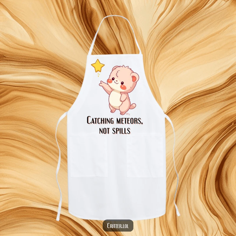 Funny apron shows a fuzzy creature reaching for a falling star, adding a humorous and charming element to kitchen activities.