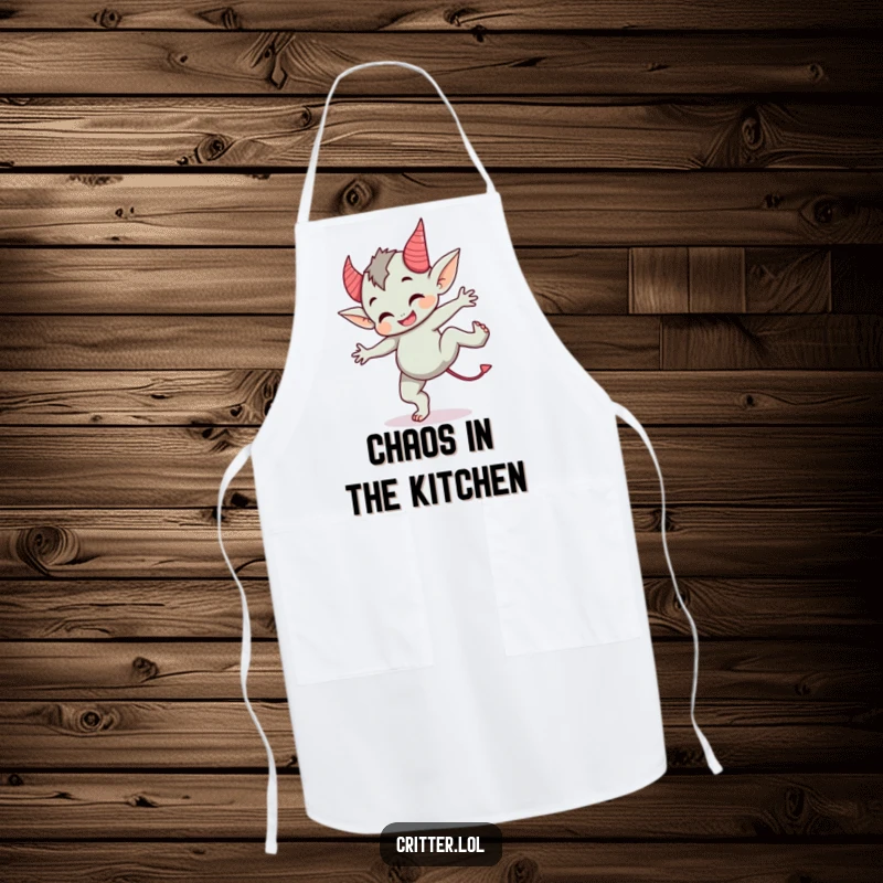 Funny apron showcasing a cute imp with devil horns doing a cartwheel, perfect for a chef with a playful spirit.