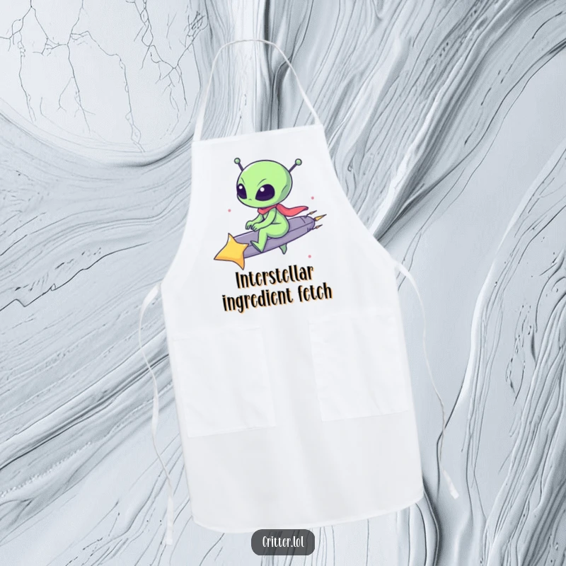 Funny apron showing a small alien riding a shooting star, perfect for chefs who love a humorous and celestial theme.
