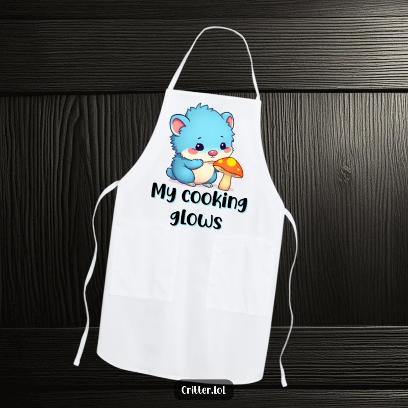 Funny blue furry critter with antennas sniffing a glowing mushroom, featured on a funny apron for kitchen fun and protection.