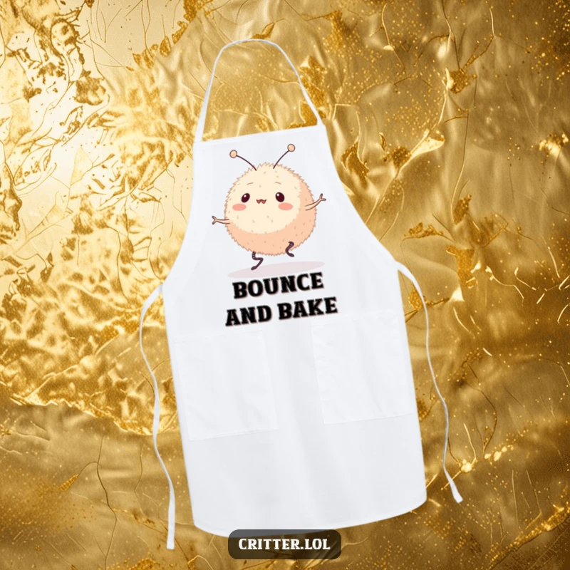 Funny apron illustration of a round, furry creature with antennae in mid-bounce on springy legs. Great for adding humor to kitchen activities.