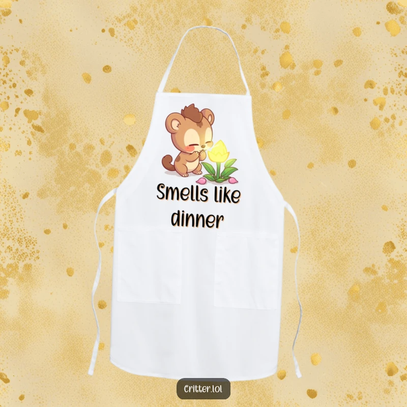 Funny curious creature character intently sniffing a mysterious glowing plant on a kitchen apron, inspiring culinary adventures with humor, a gift.