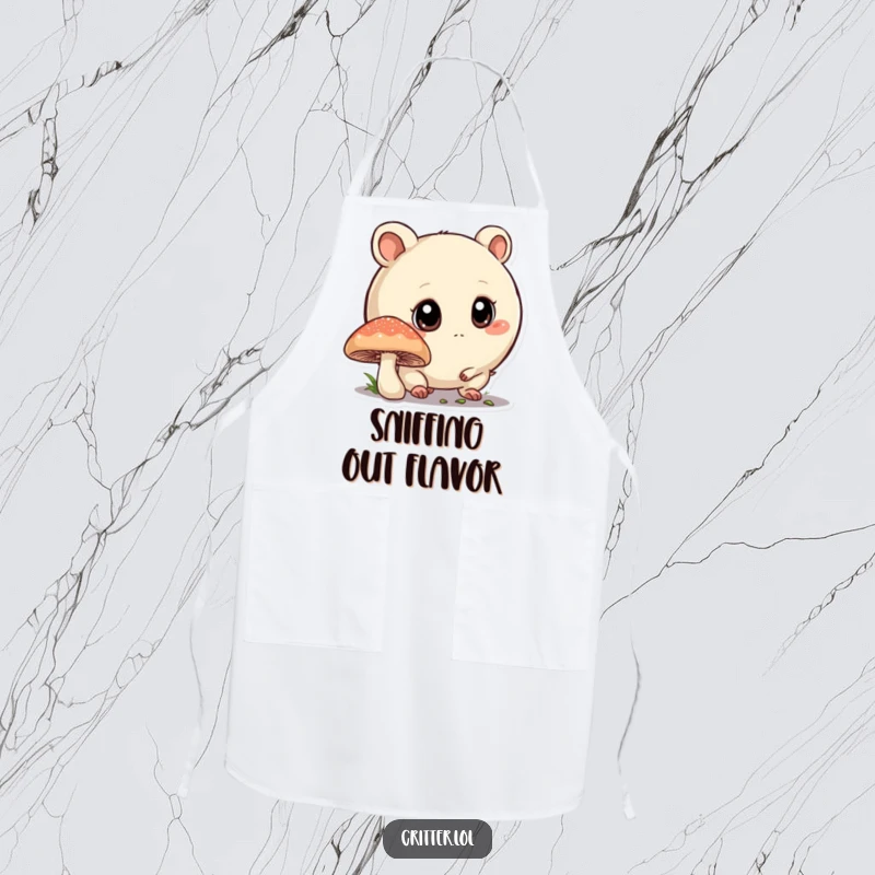 Funny apron featuring a round critter with big eyes sniffing a mushroom, perfect for keeping clean with a touch of woodland charm.