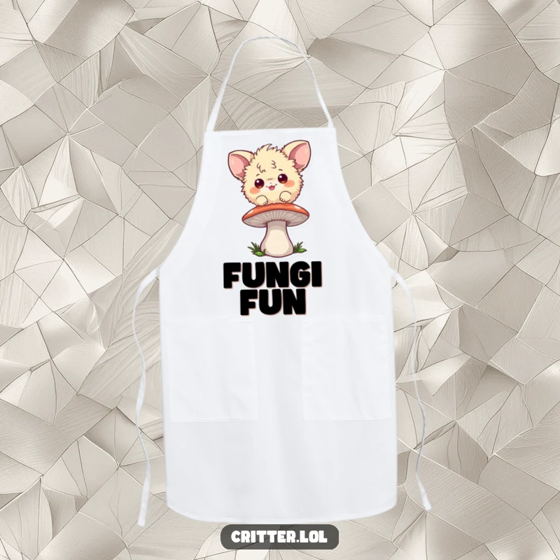 Funny apron featuring a playful fuzzball with large ears bouncing on a mushroom, ideal for kitchen fun.