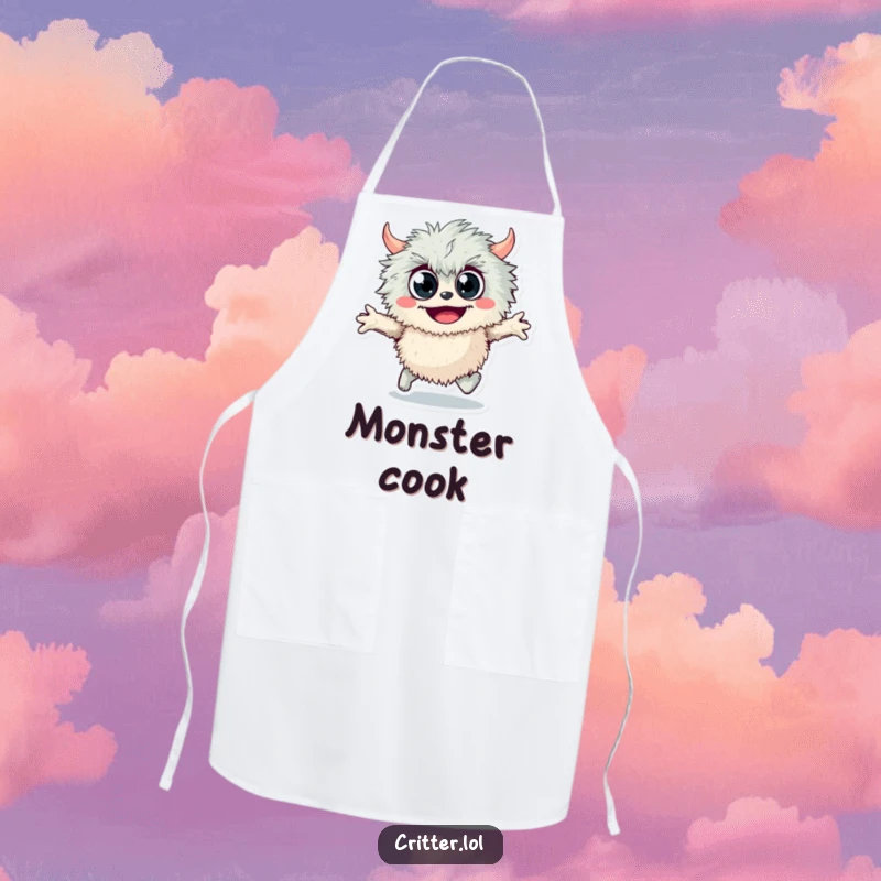 Funny fuzzy monster apron showing a googly-eyed monster skipping joyfully, perfect for chefs who love cartoons and humor.
