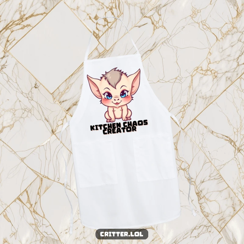 Funny apron featuring a mischievous imp with large pointy ears, adding a playful element to your cooking ensemble.