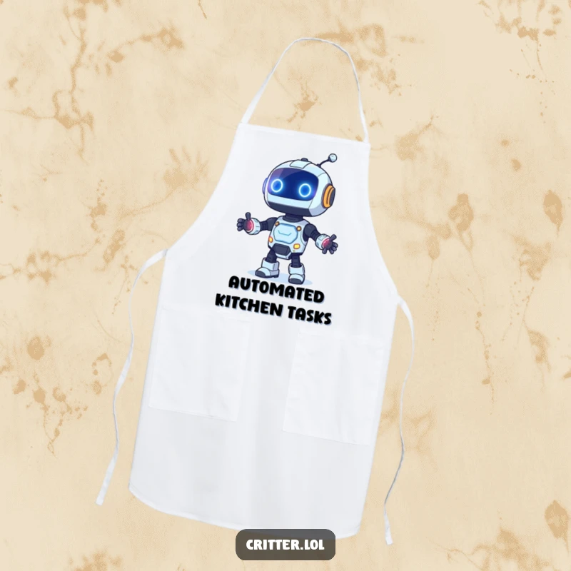 Funny apron showing a curious robot with blinking lights dancing, perfect for a chef with a love for technology.