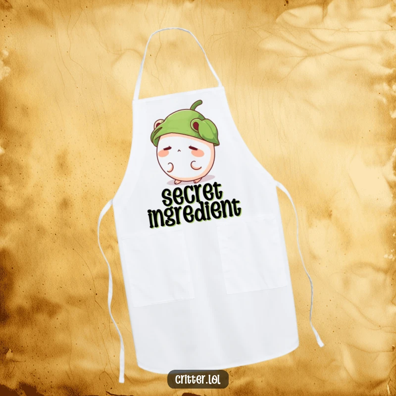Funny apron featuring a shy, round critter wearing a leaf hat and peeking out, ideal for gentle kitchen fun.