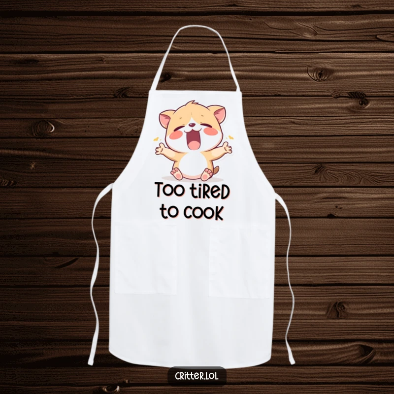Funny apron with a sleepy critter yawning and stretching, perfect for comfortable and humorous kitchen activities.