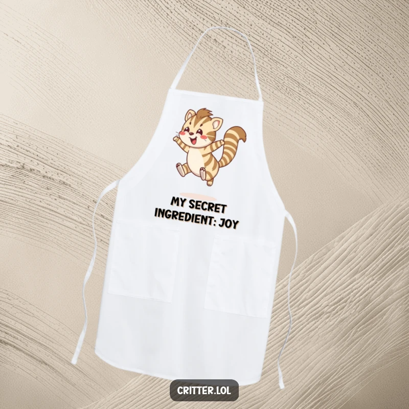 Funny apron with a striped creature and bushy tail leaping joyfully, suitable for a funny kitchen gift.