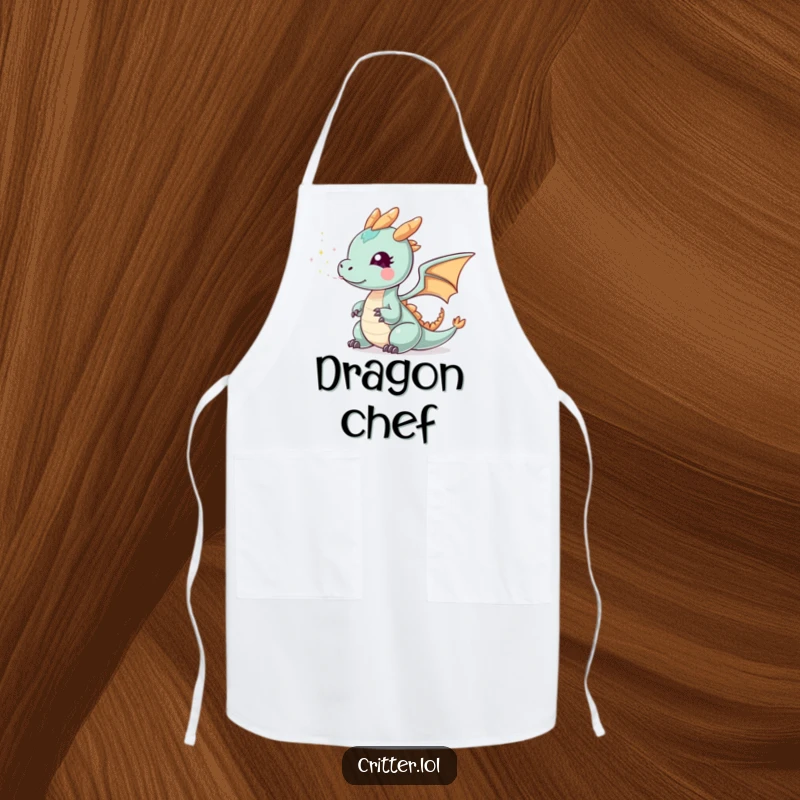 Funny tiny dragon smoke apron showing a small dragon exhaling sparkly smoke, perfect for chefs who love fantasy and humor.