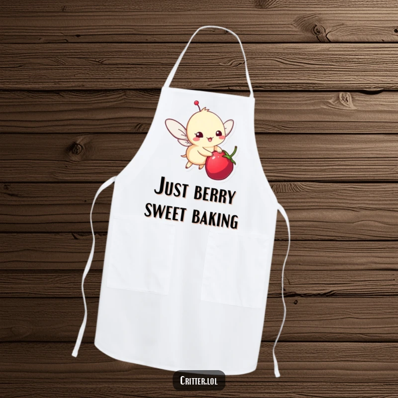 Funny apron featuring a whimsical critter in flight near a berry, perfect for adding humor to kitchen duties.
