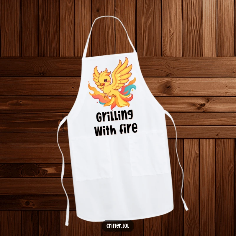Funny apron showcasing a playful phoenix rising from colorful flames, perfect for a chef with a fiery spirit.