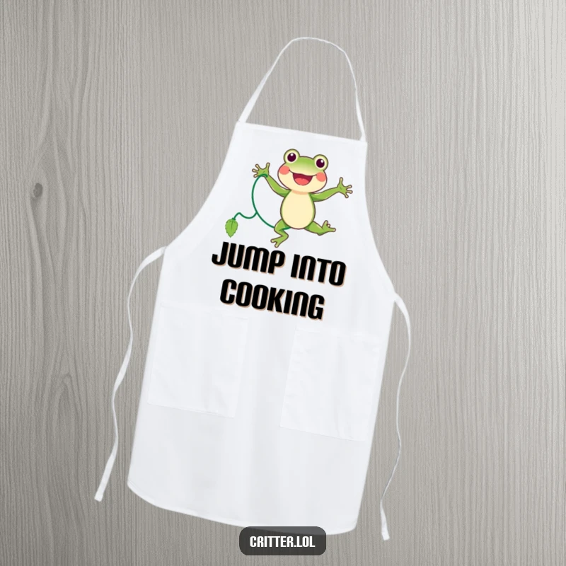 Funny frog apron featuring a joyful character performing a jump rope routine with a vine, perfect for a cheerful cook.