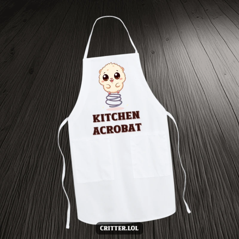Funny apron featuring a small, fuzzy creature with large eyes happily bouncing on a spring, ready for kitchen fun.