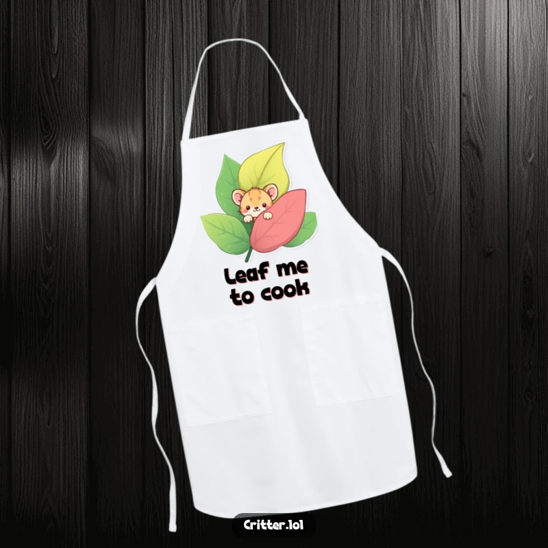Funny apron with a shy critter peeking from behind a leaf, adding a touch of gentle humor to kitchen tasks.