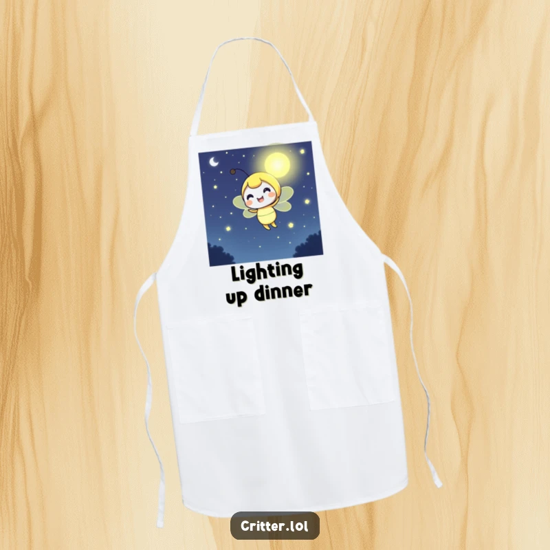 Funny firefly apron featuring a cheerful character emitting a bright glow, perfect for a luminous cooking adventure.