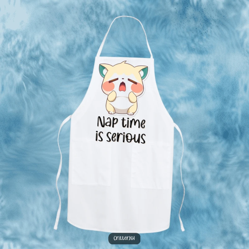 Funny sleepy critter character yawning wide with closed eyes on a kitchen apron, adding a touch of humor and relatability to cooking, a gift.