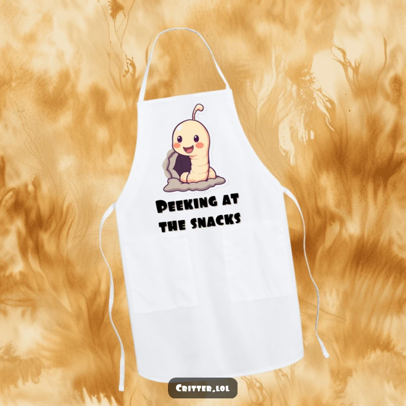 Funny apron with smiling worm character popping out of a hole, adding humor to kitchen activities.