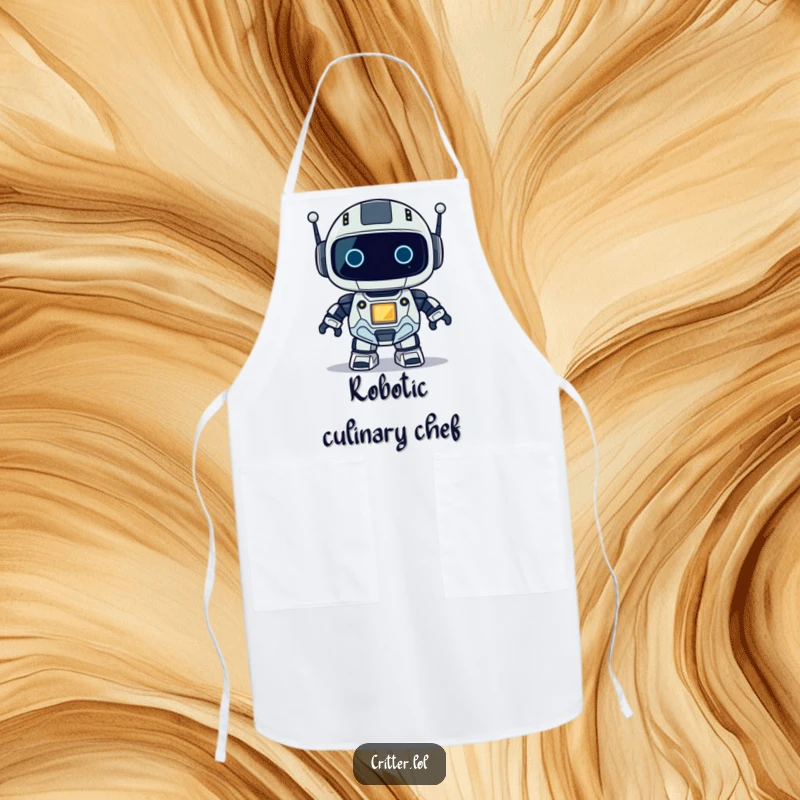 Funny apron showcasing a small robot with a blinking light, ready to assist with culinary tasks humorously.