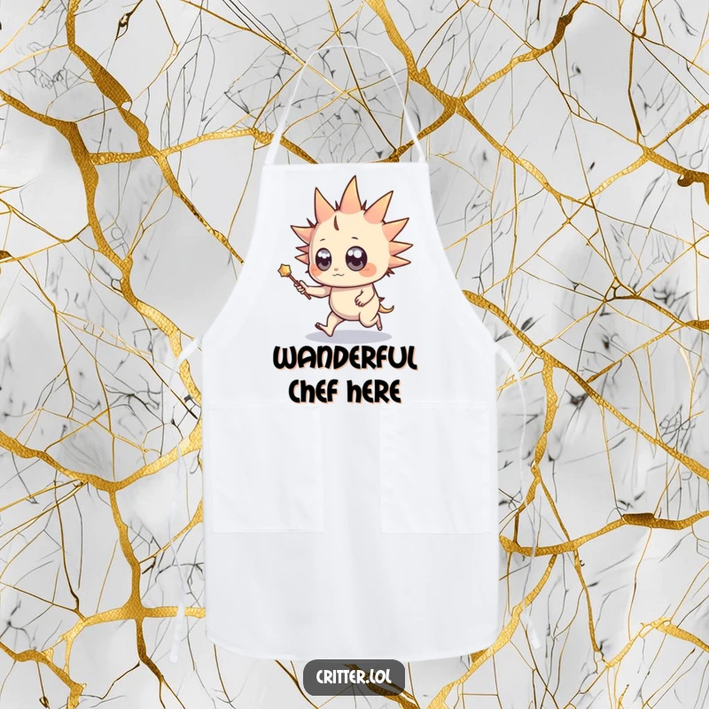 Funny apron featuring a spiky creature with wide eyes and a miniature wand, happily skipping, bringing magical fun to the kitchen.
