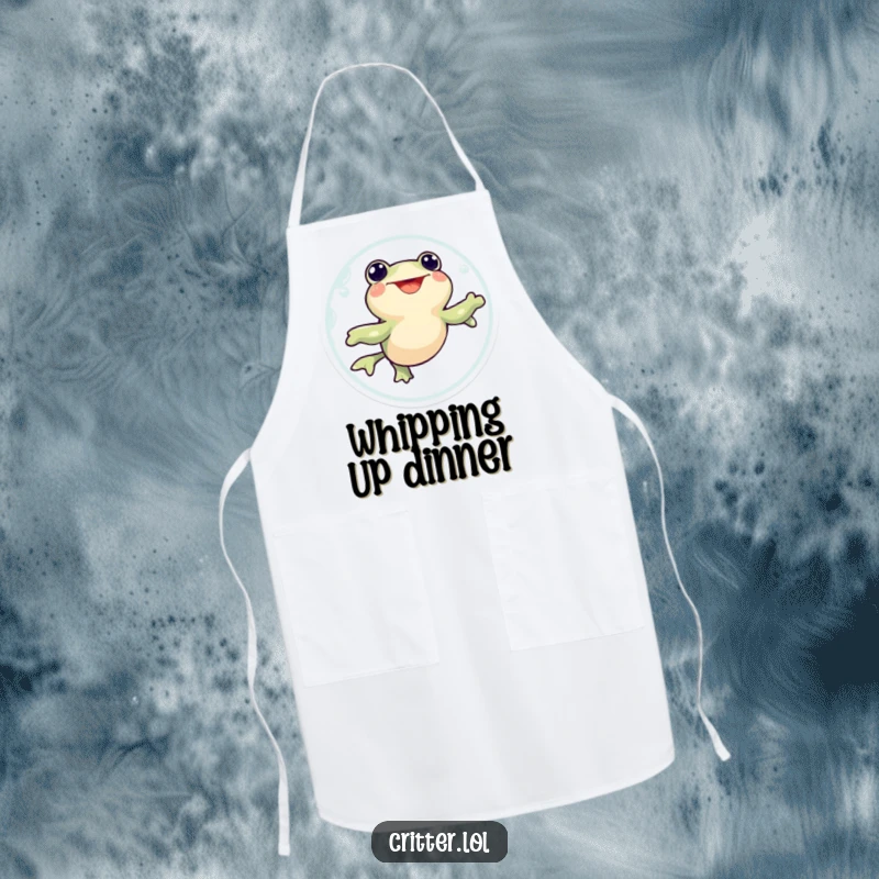 Funny apron with a tadpole character swimming in an excited circle, adding humorous aquatic energy to cooking tasks.