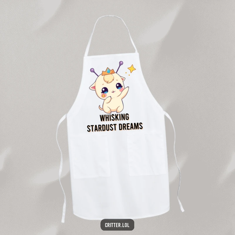 Funny apron depicting a creature with antennae and a tiara, playfully batting at a star, making kitchen duties fun and whimsical.