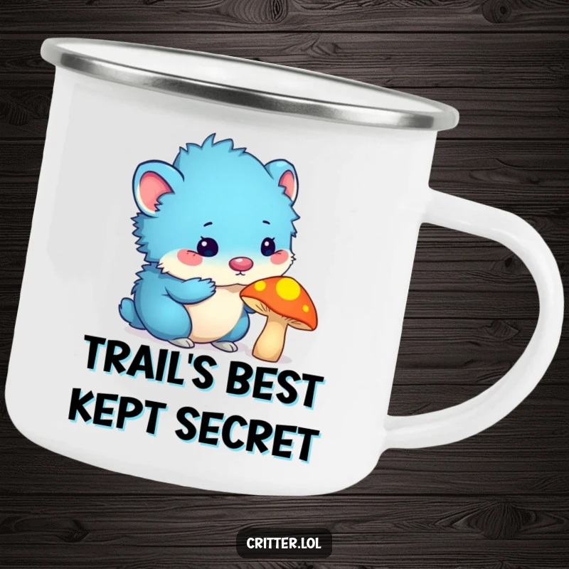 Funny blue furry critter with antennas sniffing a glowing mushroom on a durable camping mug, ready for outdoor adventures.