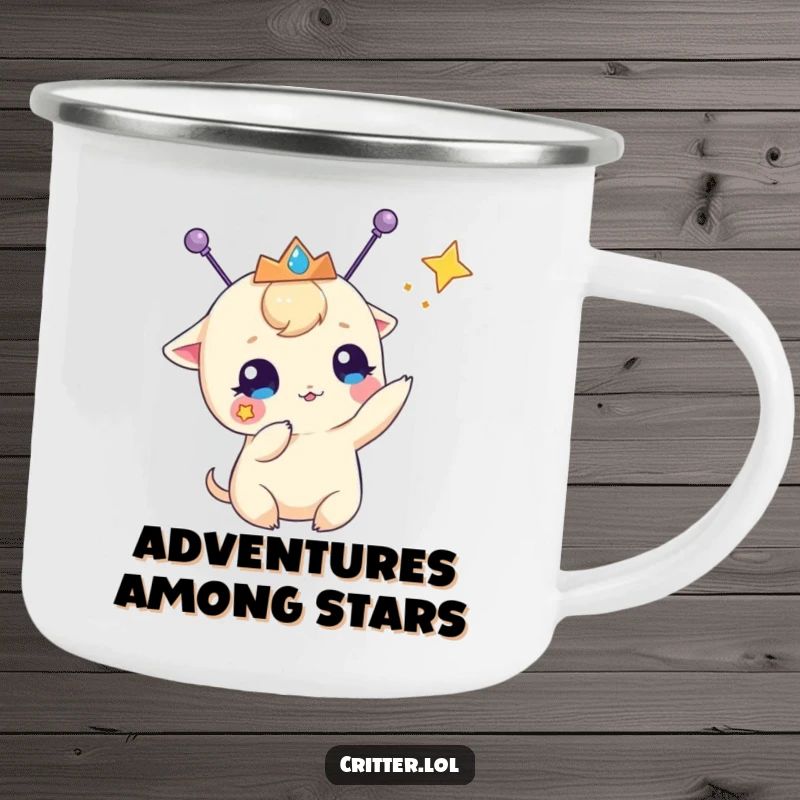 Funny camping mug with a creature with antennae and a tiara, playfully batting at a star, designed for outdoor adventures and laughter.