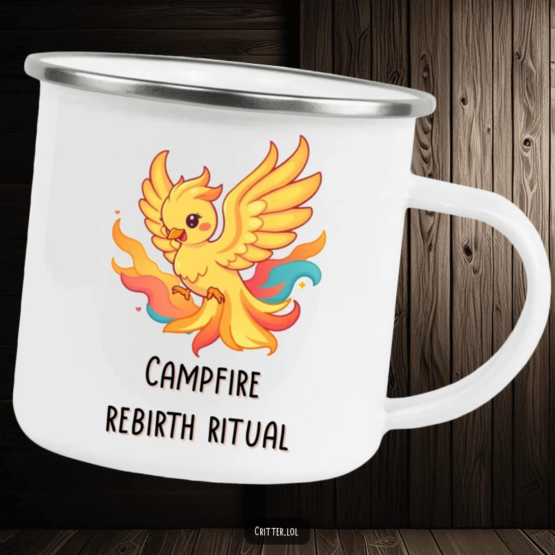 Funny camping mug with a playful phoenix emerging from colorful flames, perfect for outdoor enjoyment and inspiration.