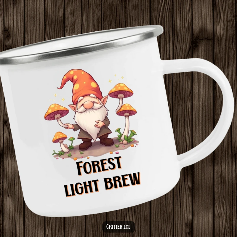 Funny camping mug featuring a gnome juggling glowing mushrooms, perfect for outdoor enthusiasts who love fantasy and humor.