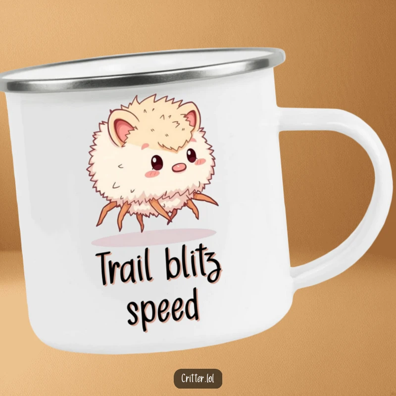 Funny camping mug showcasing a scurrying, fluffy critter with many legs, perfect for enjoying beverages outdoors with a humorous twist.