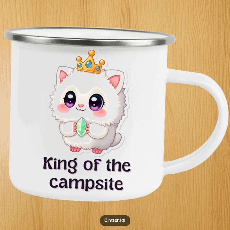 Funny camping mug featuring a fuzzy creature with a crown and gem, perfect for enjoying drinks in nature.