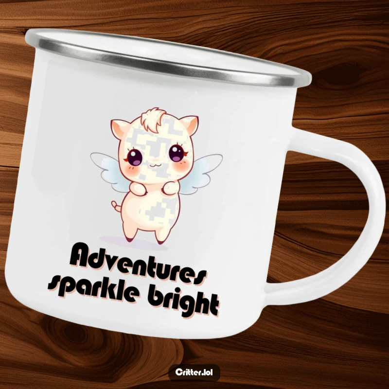 Funny Camping Mug featuring a small fairy creature dancing with radiating sparkles, perfect for outdoor magic and whimsy.