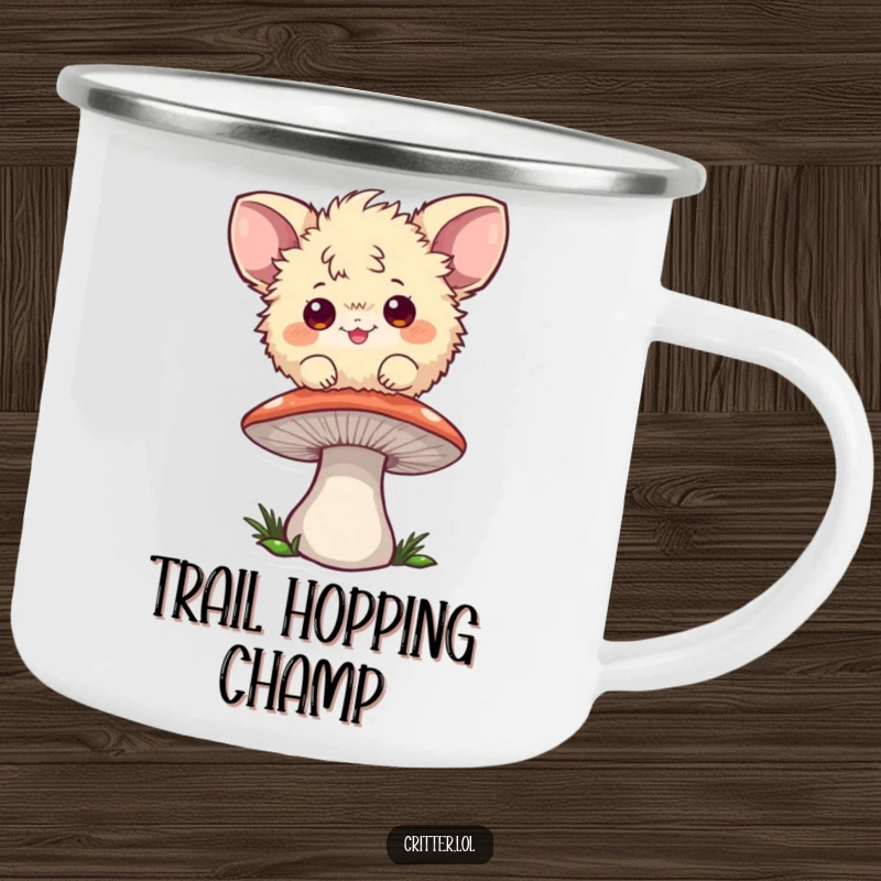 Funny enamel camping mug featuring a playful fuzzball with large ears bouncing on a mushroom.