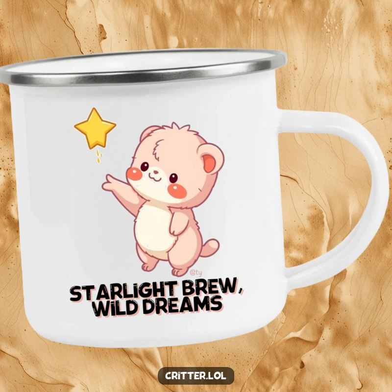 Funny camping mug featuring a fuzzy creature reaching for a falling star, perfect for outdoor enthusiasts who love a laugh.