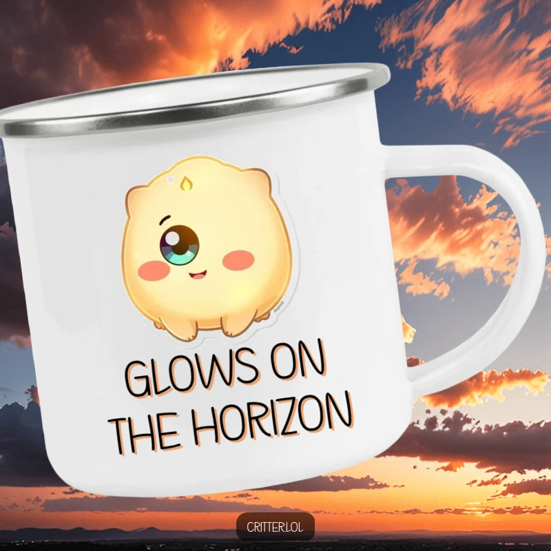 Funny camping mug featuring a glowing creature with a single eye beaming happily, designed for outdoor enjoyment.