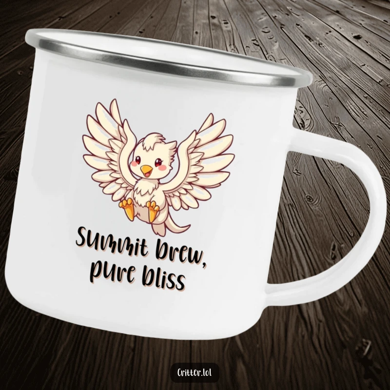Funny camping mug with a soaring griffin design, perfect for adventurers who love mythical creatures and a good laugh.