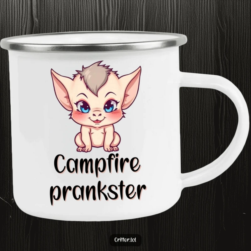 Funny camping mug featuring a mischievous imp with prominent pointy ears, ready for a playful adventure.