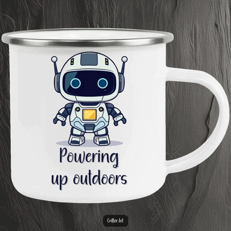 Funny camping mug featuring a small robot with a blinking light, ready for adventure and a hot beverage.