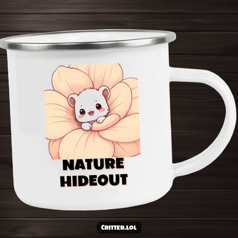 Funny critter camping mug featuring a shy critter peeking from behind a flower, ready for charming outdoor enjoyment.