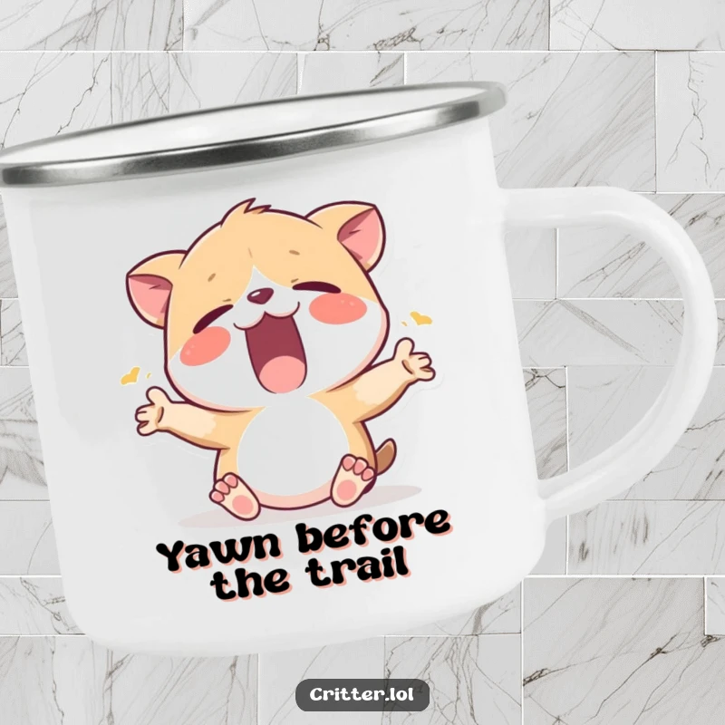 Funny camping mug with a sleepy critter yawning widely, perfect for relaxing outdoor mornings.