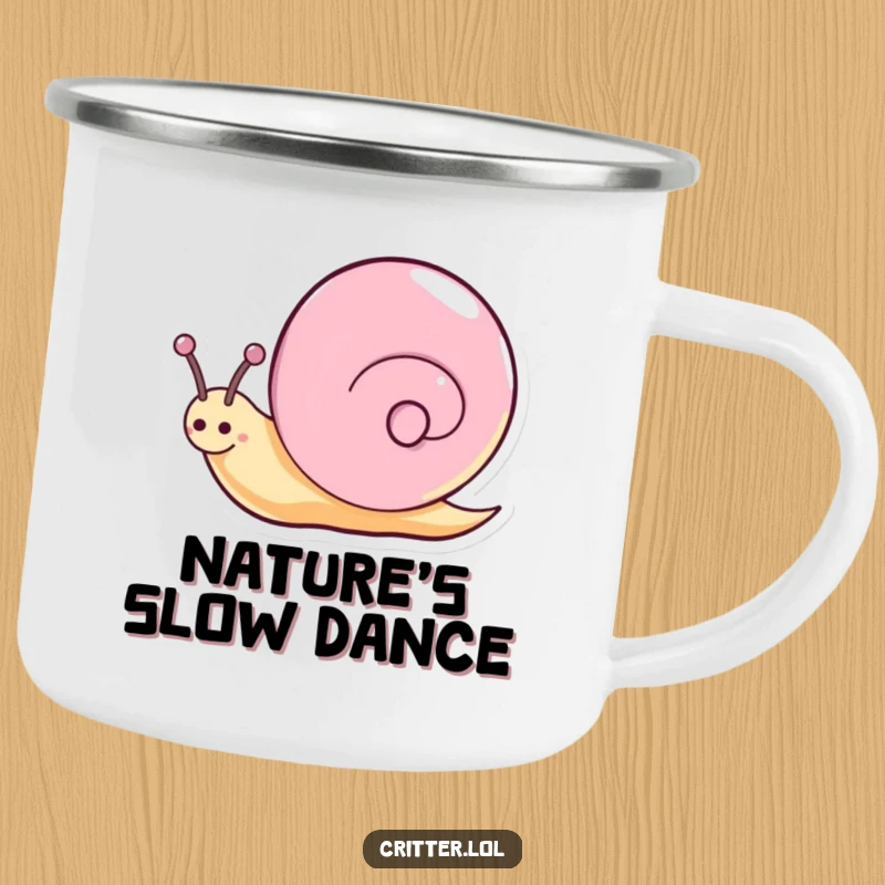 Funny snail camping mug showing a happy character spinning with a sparkly trail, built for enchantment and outdoor fun.