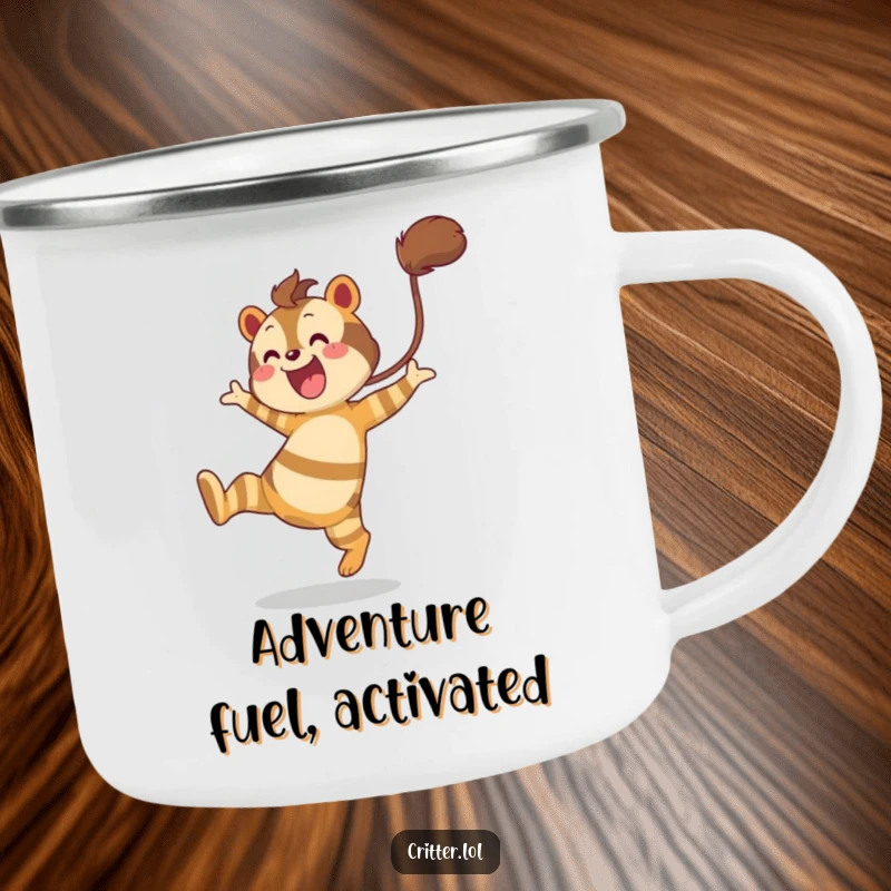 Funny camping mug featuring a striped creature with a bushy tail leaping joyfully, designed for rugged outdoor fun.