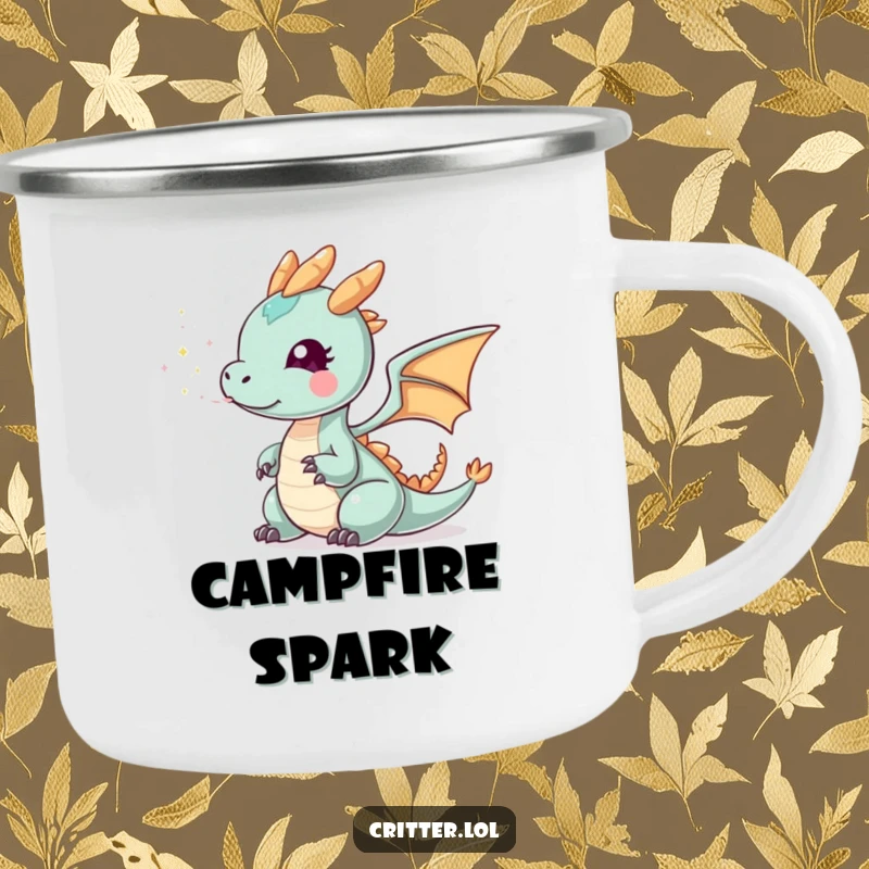 Funny tiny dragon smoke camping mug, showing a small dragon exhaling sparkly smoke, designed for outdoor fun and humorous sips.