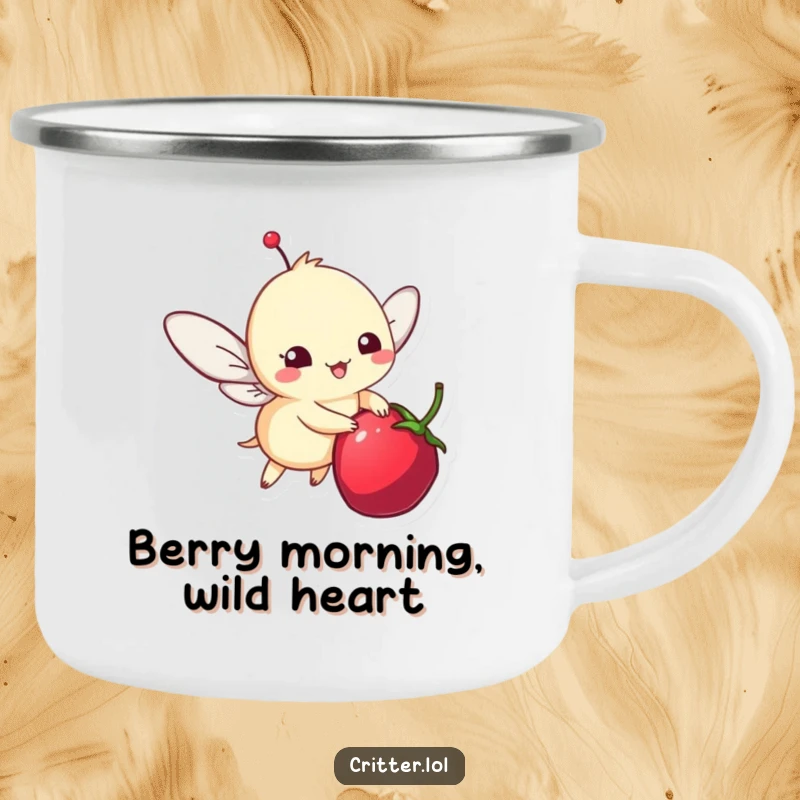 Funny enamel camping mug featuring a whimsical winged critter hovering near a berry, ideal for outdoor enthusiasts.