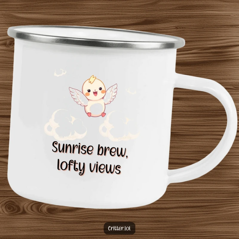 Funny camping mug featuring a winged critter soaring through clouds, perfect for those who love nature and a good laugh.