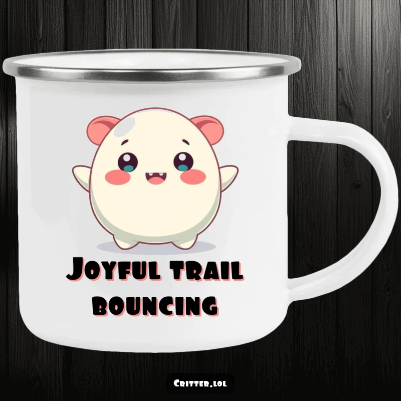Funny camping mug with a bouncing blob creature sporting a wide, happy smile, perfect for outdoor refreshment.