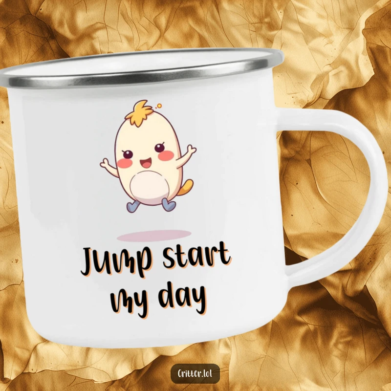 Funny camping mug showing a bouncy creature with rubbery legs hopping with amusement, ready for outdoor fun.